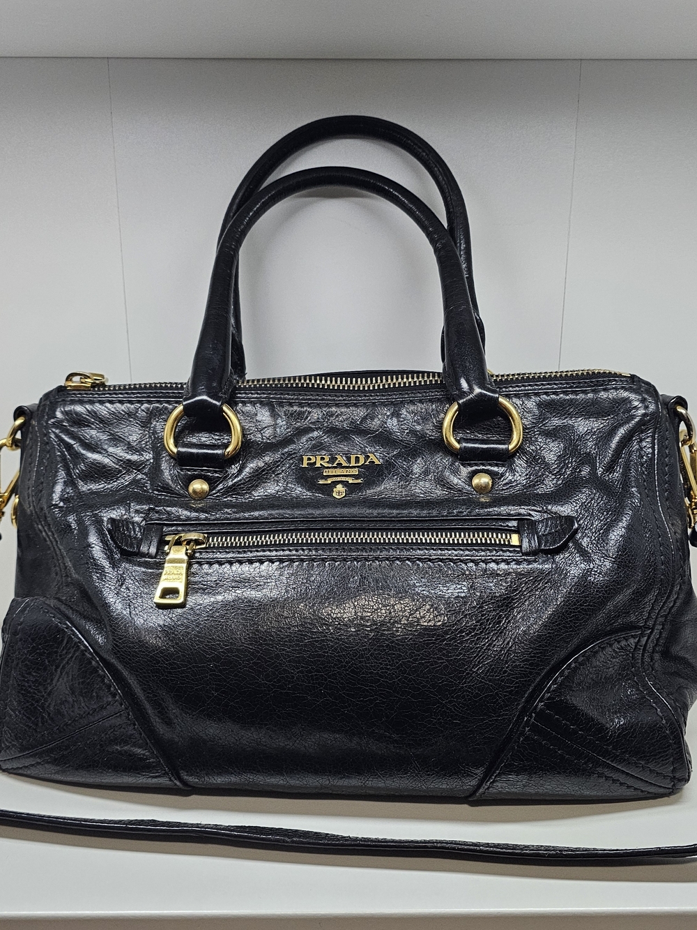 Prada Black Leather Satchel with Gold Hardware